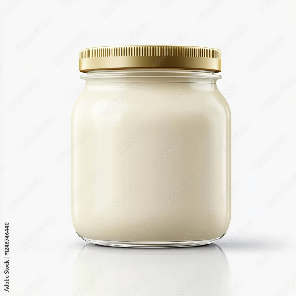 Delicious yogurt in a glass jar with a golden lid placed against a neutral background evoking a sense of freshness and quality Delicious yogurt in a glass jar with a golden lid placed against a neutral background evoking a sense of freshness and quality