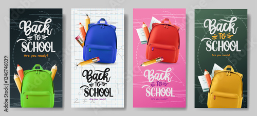 Back to school poster set. Welcome Back to school text with school color backpack and pencil educational elements for learning flyers lay out collection. Vector illustration
