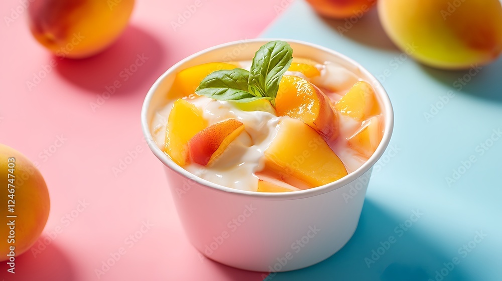 Delicious peach in syrup with mixed fruit yogurt in a white cup isolated on a colorful background Delicious peach in syrup with mixed fruit yogurt in a white cup isolated on a colorful background
