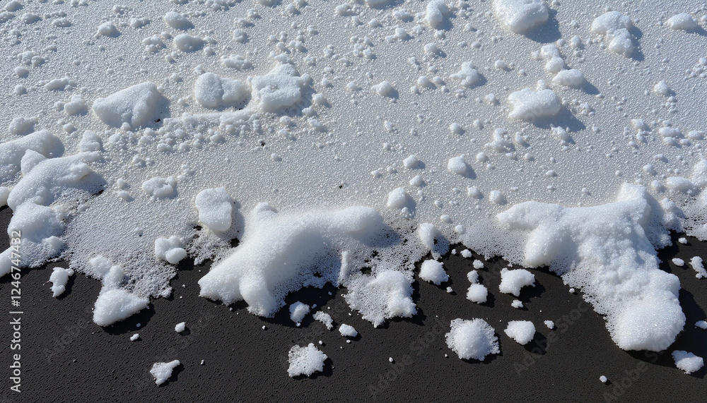 Close-up of melting snow on dark asphalt road with water droplets, natural light Close-up of melting snow on dark asphalt road with water droplets, natural light