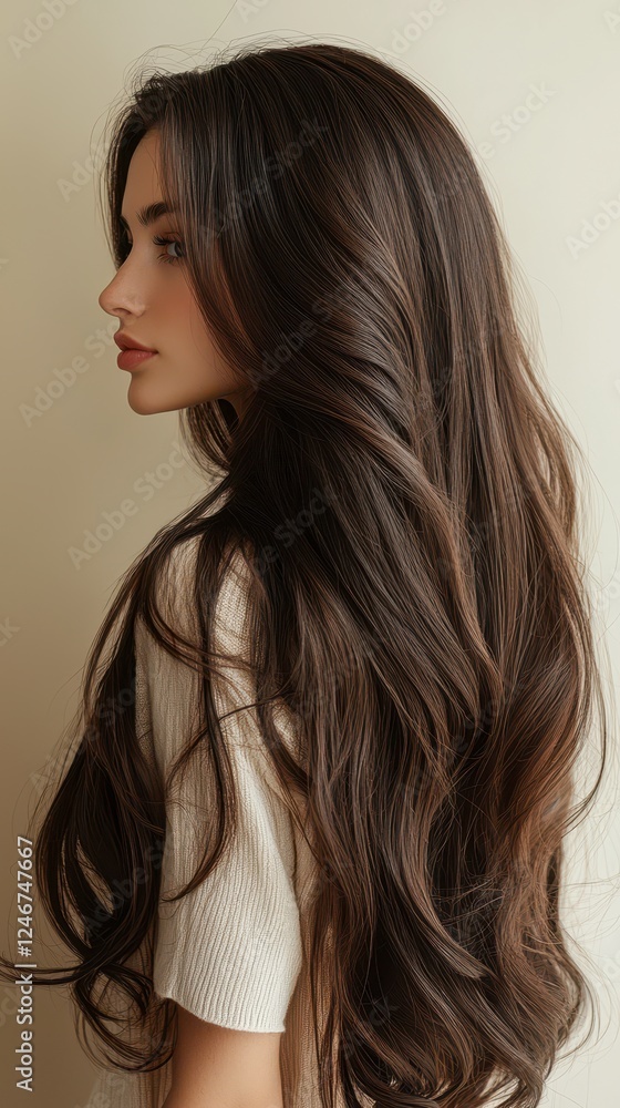 Naklejka premium Beautiful Asian woman with long curly hair has Korean standing with back skin on beige background