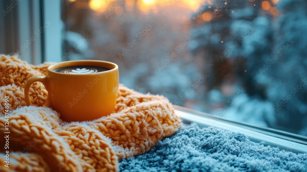 Cozy blanket and coffee by a frosty window Cozy blanket and coffee by a frosty window