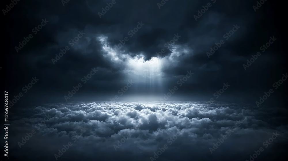 Obraz premium Dramatic sky with dark clouds and rays of light breaking through, creating a mystical atmosphere