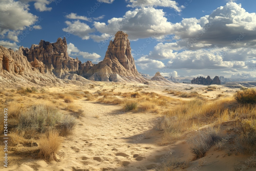 Naklejka premium Stunning desert landscape with towering rock formations and dramatic cloudscape