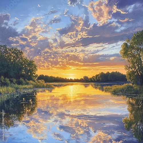 Serene sunset reflected on calm lake water.