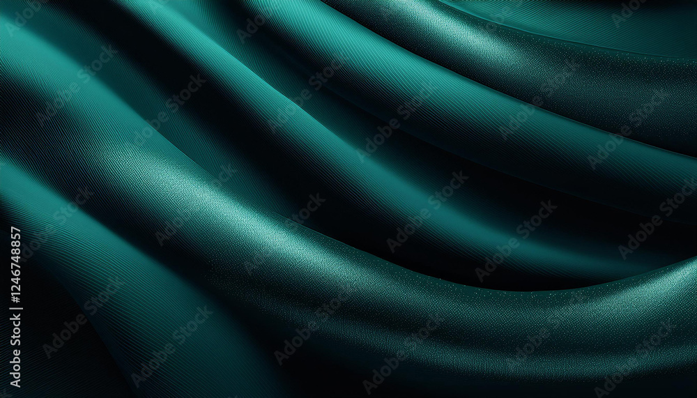 Obraz premium Green drapery silk fabric luxury background. Wavy abstract satin cloth vector texture pattern. Smooth shiny drape material curtain. Elegant velvet curve motion image realistic horizontal design.