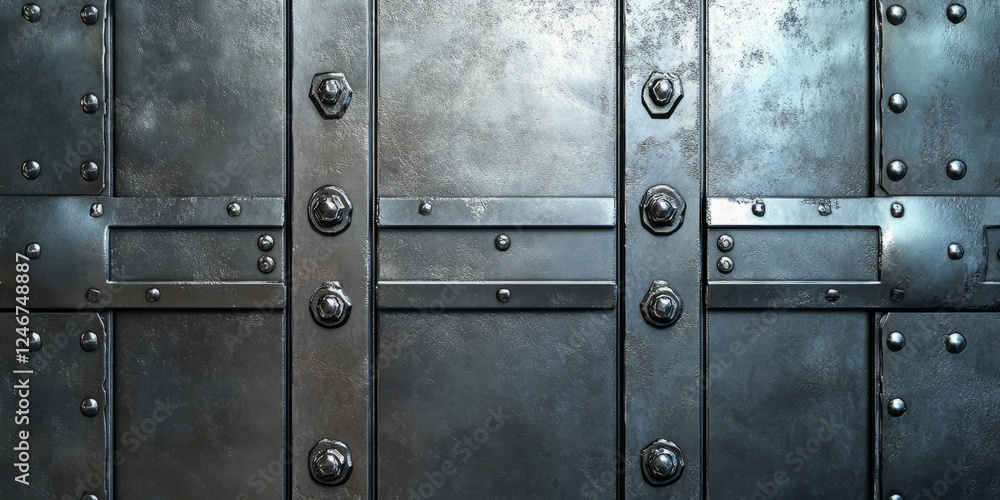 Fototapeta premium Heavy-duty metallic armor plate background with beveled edges, rivets, and mechanical detailing. The textured surface gives it a robust, protective feel, perfect for military, tactical, or sci-fi