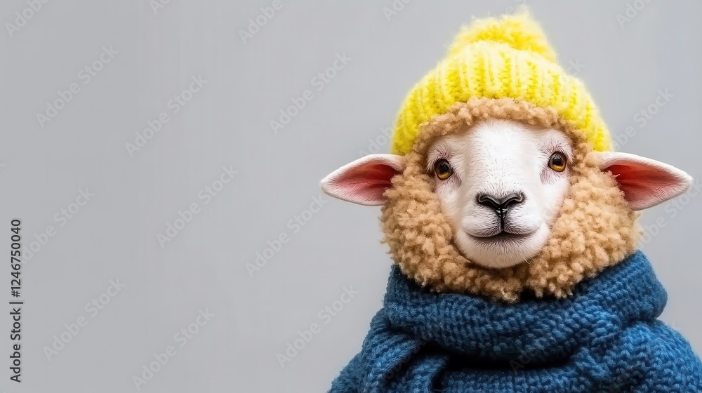 Cute sheep wearing yellow hat and blue scarf against gray background Cute sheep wearing yellow hat and blue scarf against gray background