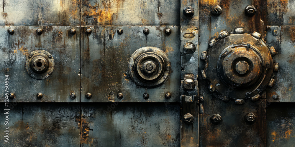 Heavy machinery metal background with oil stains, rusted bolts, and rugged industrial appeal. Heavy machinery metal background with oil stains, rusted bolts, and rugged industrial appeal.