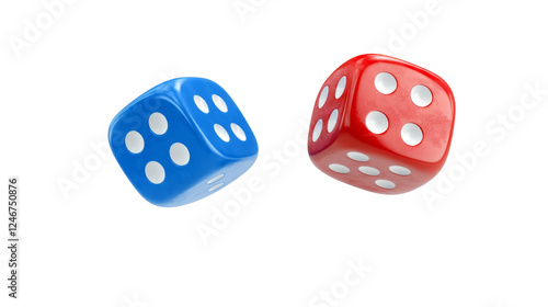 Blue and red dice with white dots, floating in mid air, create playful atmosphere, isolated on transparent background photo