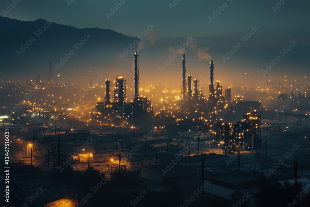 Fototapeta premium Industrial activity at night urban area photography atmospheric setting aerial view environmental impact
