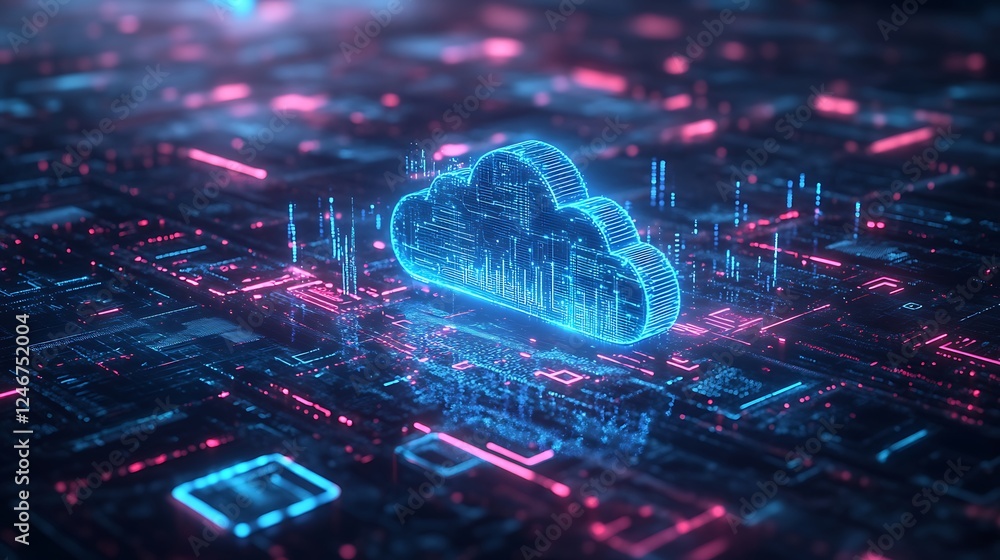 Obraz premium A blue glowing cloud icon with data flowing connection background