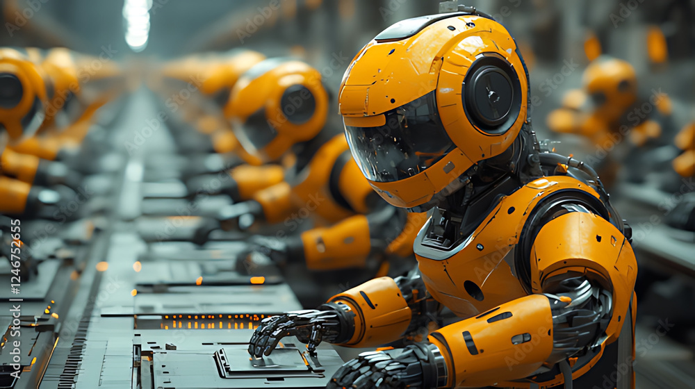 Robots working assembly line futuristic factory Robots working assembly line futuristic factory