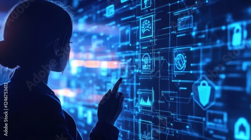 Business executive presenting cybersecurity compliance strategies, corporate boardroom setting