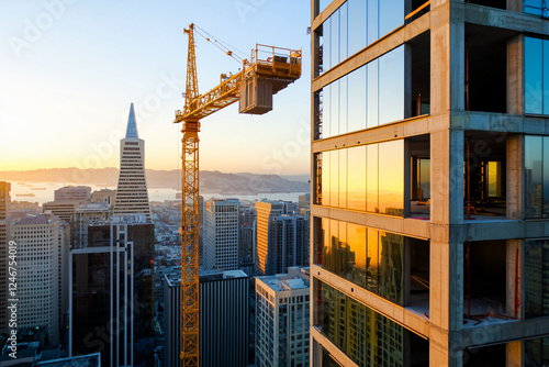 yellow crawler crane positioning glazed curtain wall panel, urban construction site photo