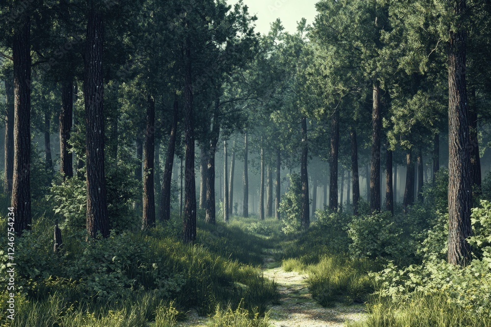Fototapeta premium Lush forest pathway inviting exploration beneath a calm morning light