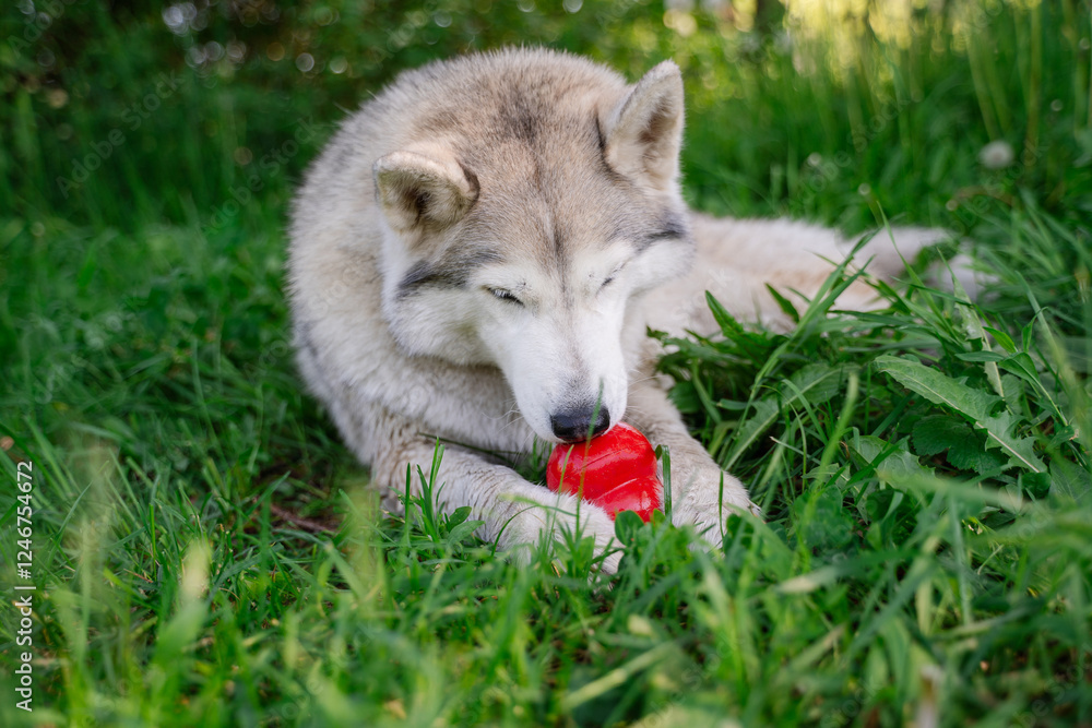 White-gray-beige husky dog with multi-colored eyes similar to a wolf lies on green grass and holds and licks a red rubber dog toy Kong with both paws