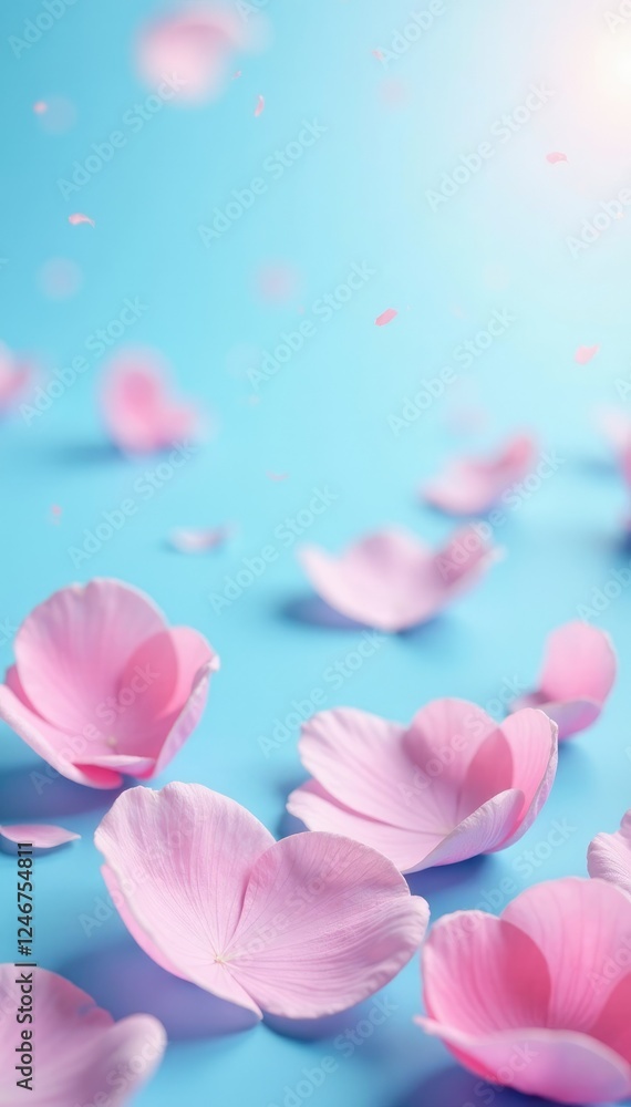 Obraz premium Pastel pink rose petals scattered on a blue sky background, calm, landscape, gentle hue