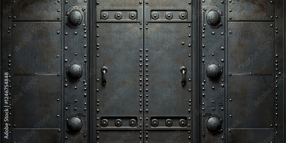 Aged industrial metal door background with heavy rivets and mechanical locks. Aged industrial metal door background with heavy rivets and mechanical locks.
