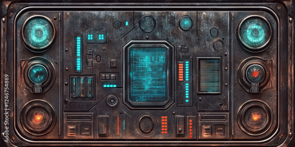 Fototapeta premium Space station metal wall background with futuristic design, glowing control panels.