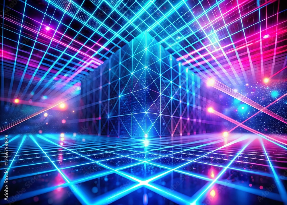 Obraz premium Futuristic Glowing Grid: Abstract Pink & Blue Neon Double Exposure Background for Tech Designs