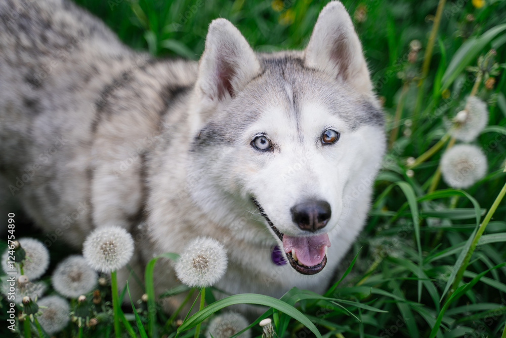 A white, gray and beige husky dog with multi-colored eyes, similar to a wolf, stays in a clearing with dandelions and looks at the camera