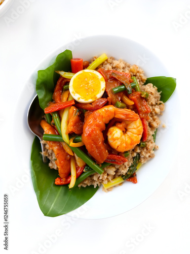 Shrimp-paste and Chilis sauce (Thia name is Naam Prig GapiDip)  with mixed  boiled vegetables and egg Served with brown rice set photo