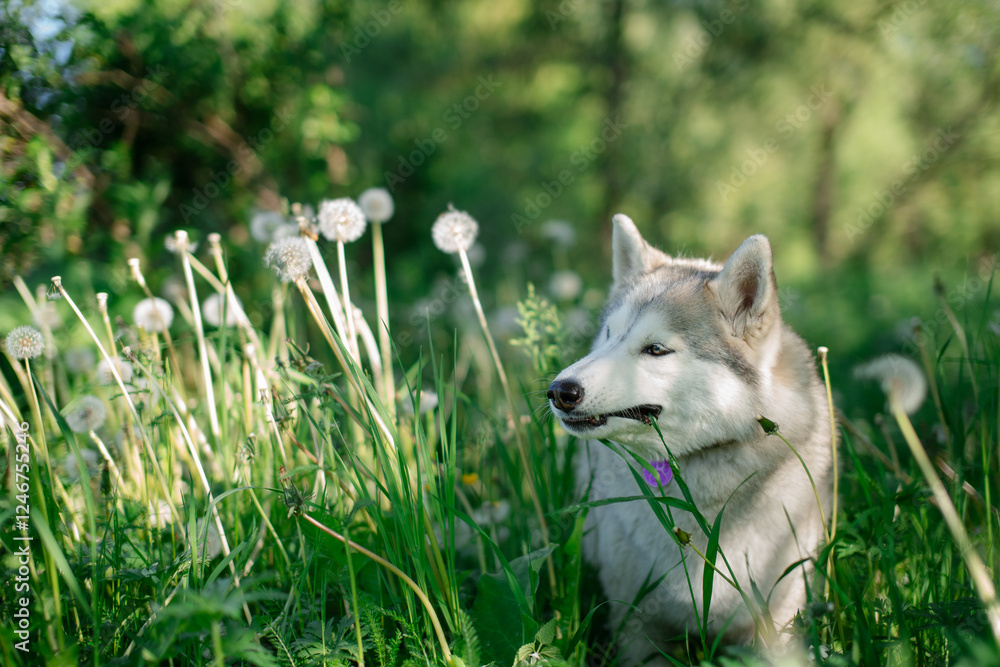 White, gray and beige husky dog with different colored eyes looking like a wolf eats green grass and looks away