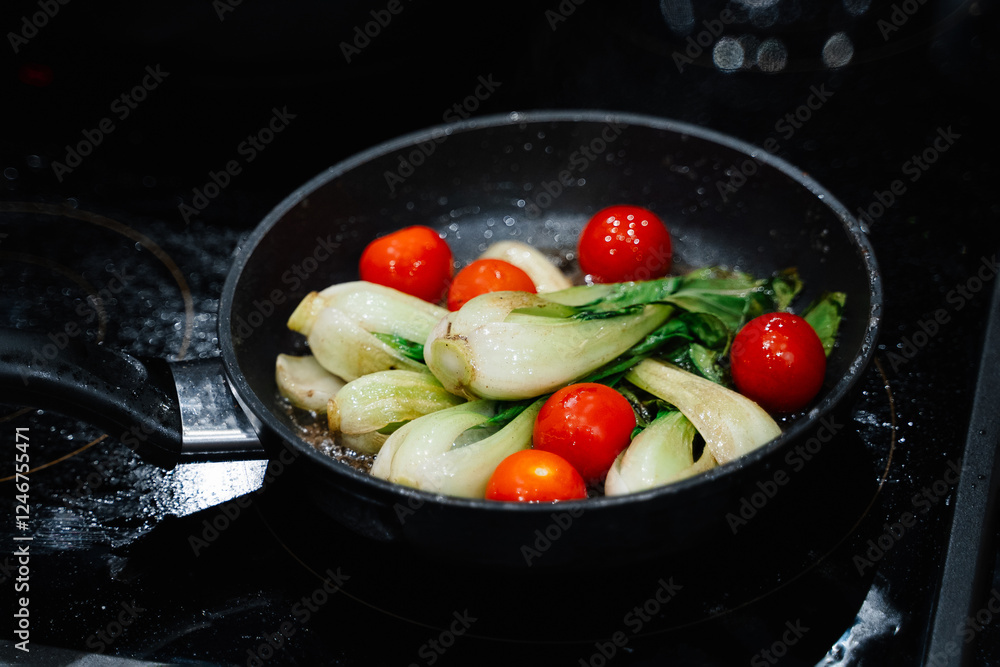 tomatoes, bok choy, fennel cooked in a grill pan