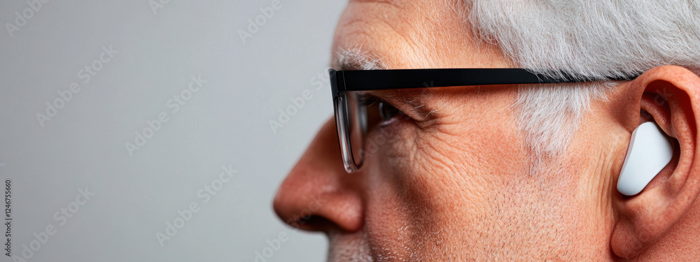 Fototapeta premium Close-up of the ear of an elderly gray-haired man with a hearing aid on a gray minimalist background with space for text. Concept hearing aid for the elderly.