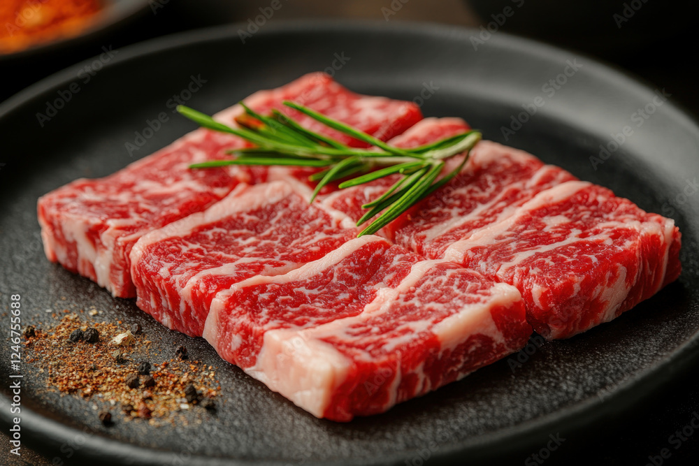 Raw beef steak on black plate with spices. Raw beef steak on black plate with spices.