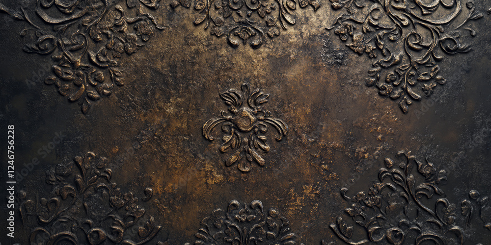 Obraz premium Dark bronze metal background with deeply etched textures and natural patina. The surface displays a mix of aged colors and intricate designs, giving it an antique and steampunk-inspired feel, ideal
