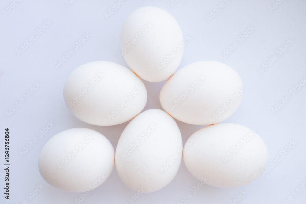 six white chicken eggs on a white background six white chicken eggs on a white background