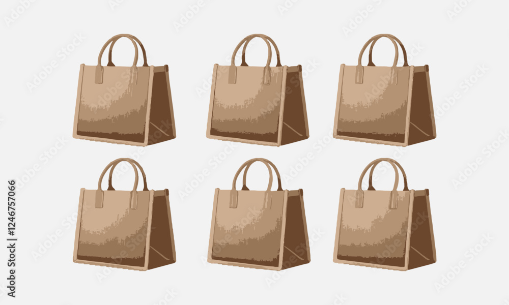 A modern vector-style illustration of separate beige jute tote bags, easily editable. A modern vector-style illustration of separate beige jute tote bags, easily editable.