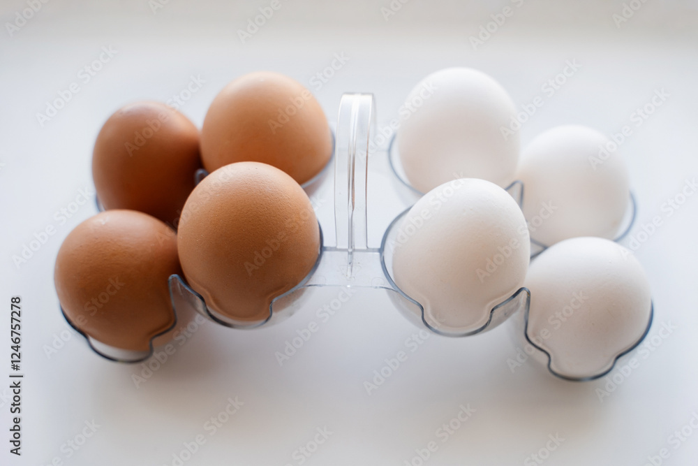 chicken eggs white and brown on egg stand on white background