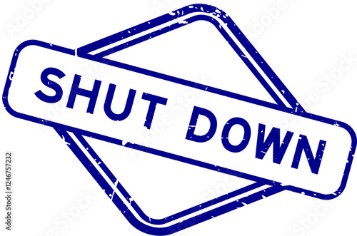 Grunge blue shut down word rubber seal stamp on white background