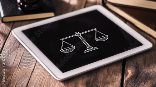 Digital HR compliance manual displayed on a tablet, interactive guide with legal icons photo