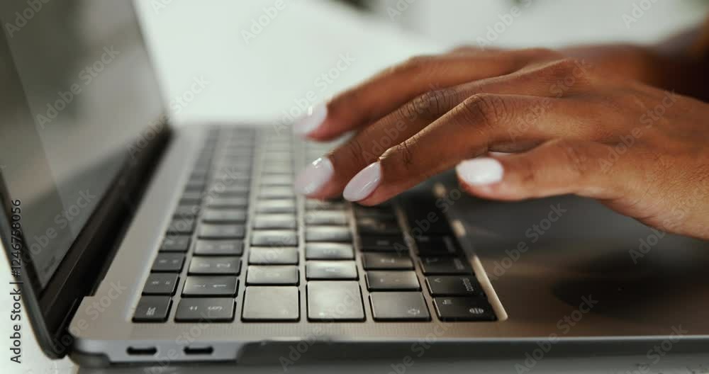 Keyboard, journalist or hands of woman on laptop at desk for article, research or company admin. Info, internship or closeup of writer typing for social media campaign, business or publish review Keyboard, journalist or hands of woman on laptop at desk for article, research or company admin. Info, internship or closeup of writer typing for social media campaign, business or publish review