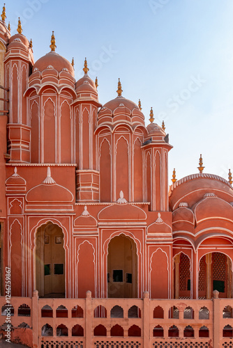 India. Rajasthan. Jaipur (The pink city). Hawa Mahal. (Palace of the Winds). Architecture detail of the facade