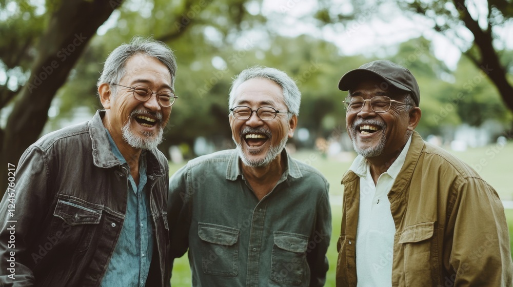 Elderly Asian friends laughing together while jogging in a park, full of energy and happiness, representing the joy of staying active in later years Elderly Asian friends laughing together while jogging in a park, full of energy and happiness, representing the joy of staying active in later years