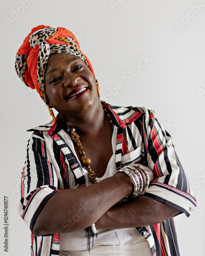 Tableau sur toile Beautiful woman in African clothes happy on a white background