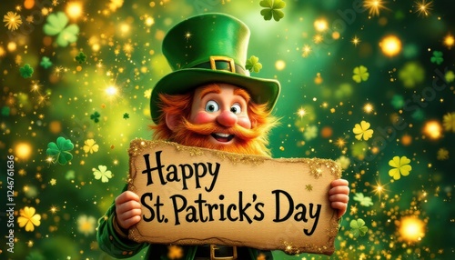 Cheerful leprechaun holding st. patrick's day sign with shamrocks and glittering background
