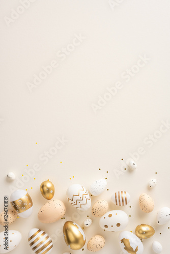 Fotografija Golden and white vertical Easter eggs with intricate designs scattered on a beige background, ideal for seasonal celebrations