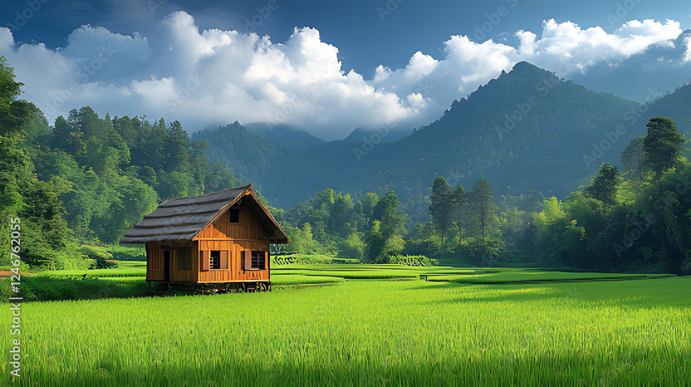 Fototapeta premium Mountain valley house, rice paddy, sunlight, clouds, idyllic scene, postcard