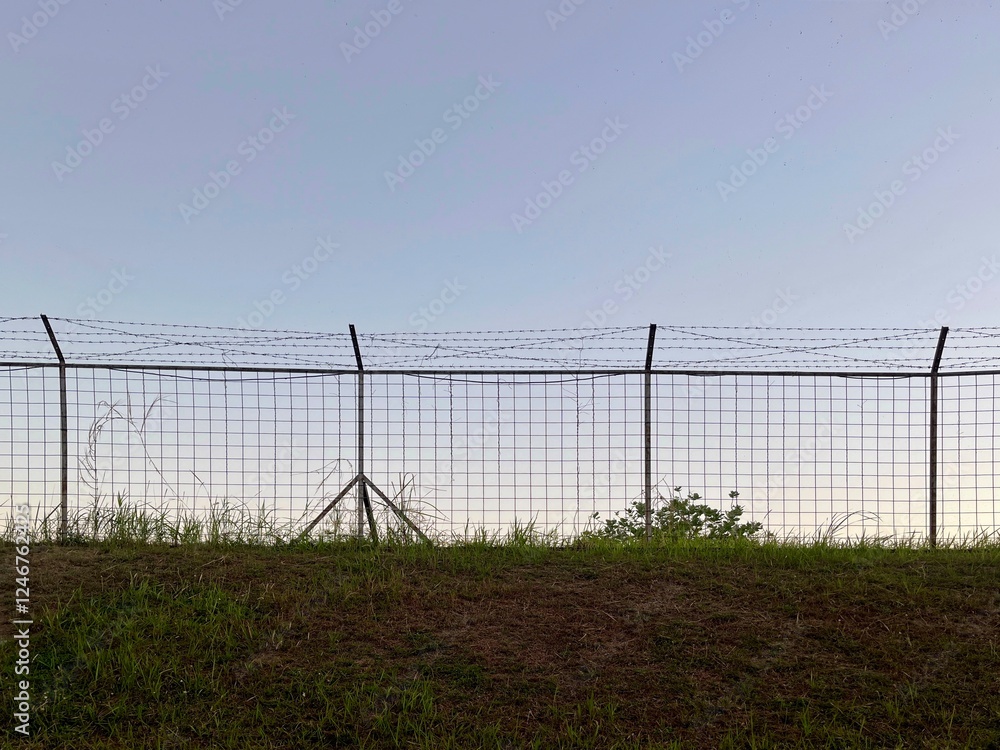 Barbed wire fence with grass and clear blue sky Barbed wire fence with grass and clear blue sky