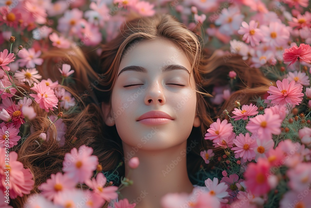 Woman with music notes and flowers, human brain, self care and mental health concept, sound therapy, creative mind Woman with music notes and flowers, human brain, self care and mental health concept, sound therapy, creative mind