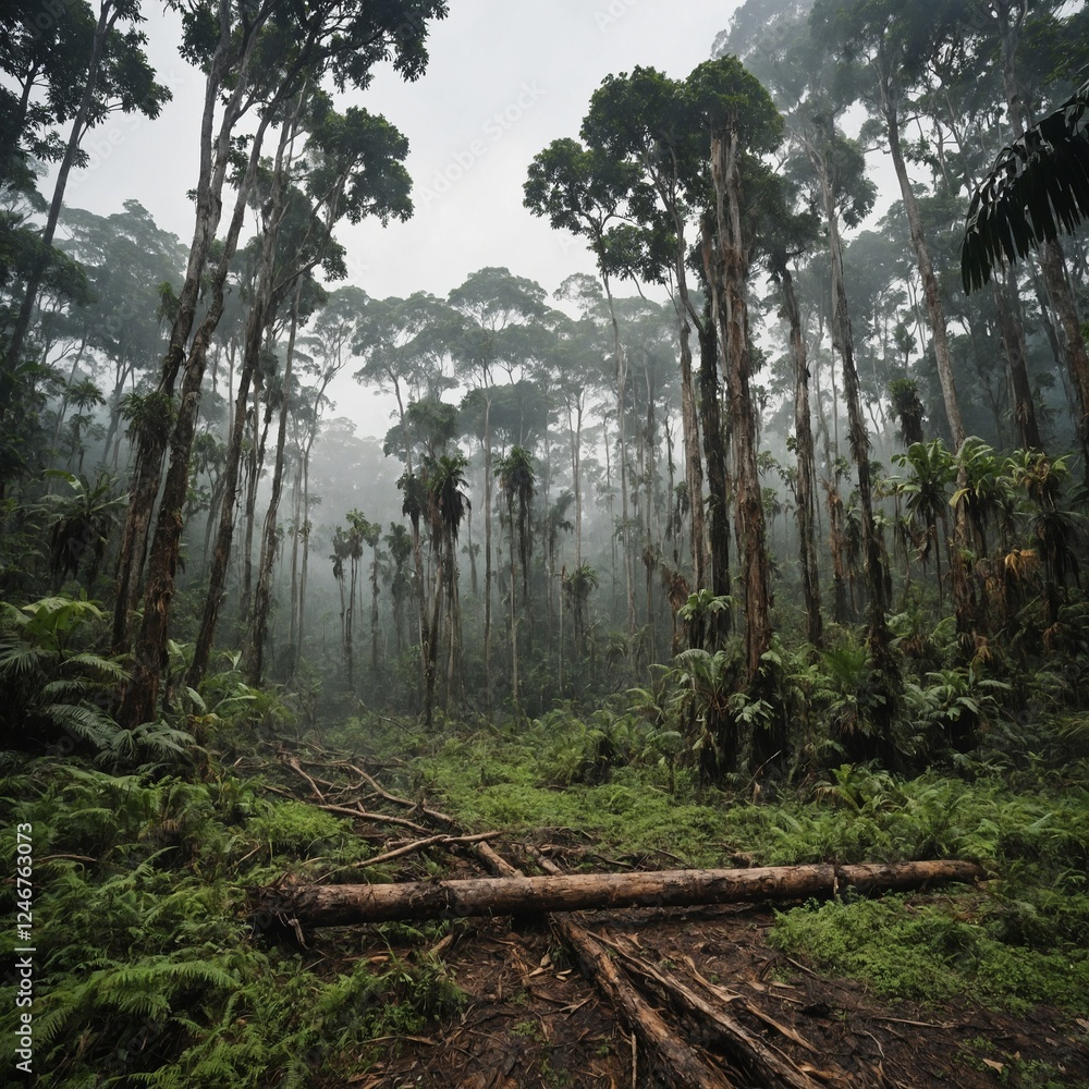 Fototapeta premium A deforested landscape transitioning into a healthy rainforest, white background.