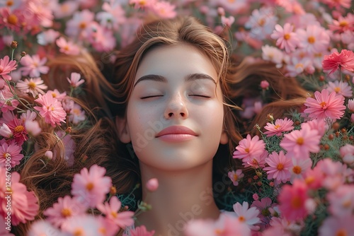 Woman with music notes and flowers, human brain, self care and mental health concept, sound therapy, creative mind