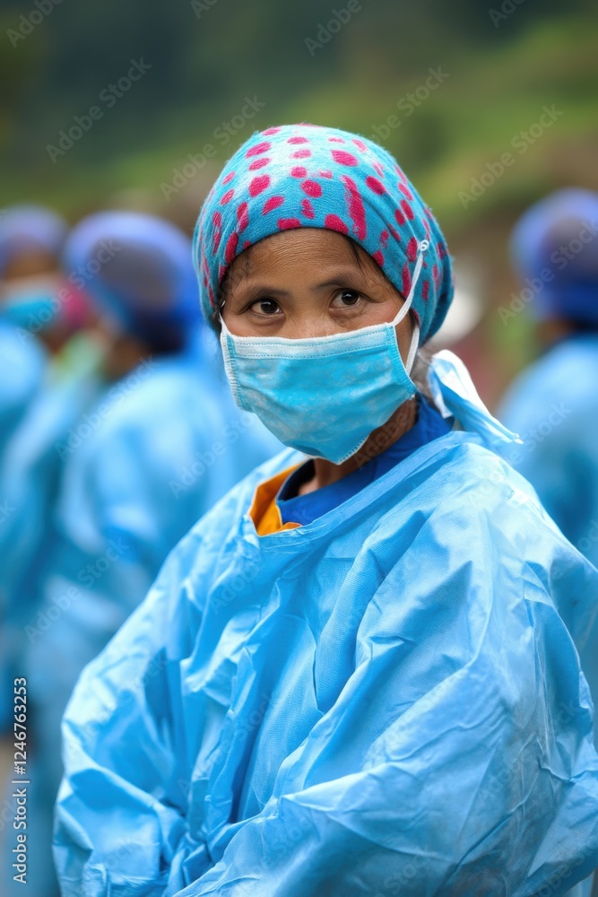 Surgeon wearing colorful headscarf and mask during a medical activity in a healthcare setting Surgeon wearing colorful headscarf and mask during a medical activity in a healthcare setting