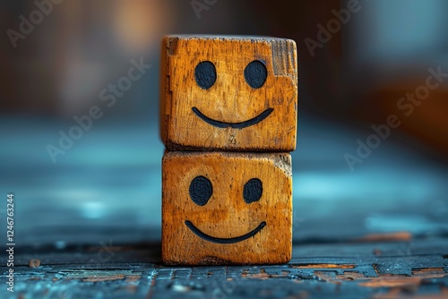 world mental health day concept or feedback rating and positive customer review, wood cube stacking with emotion face icon on blue background
